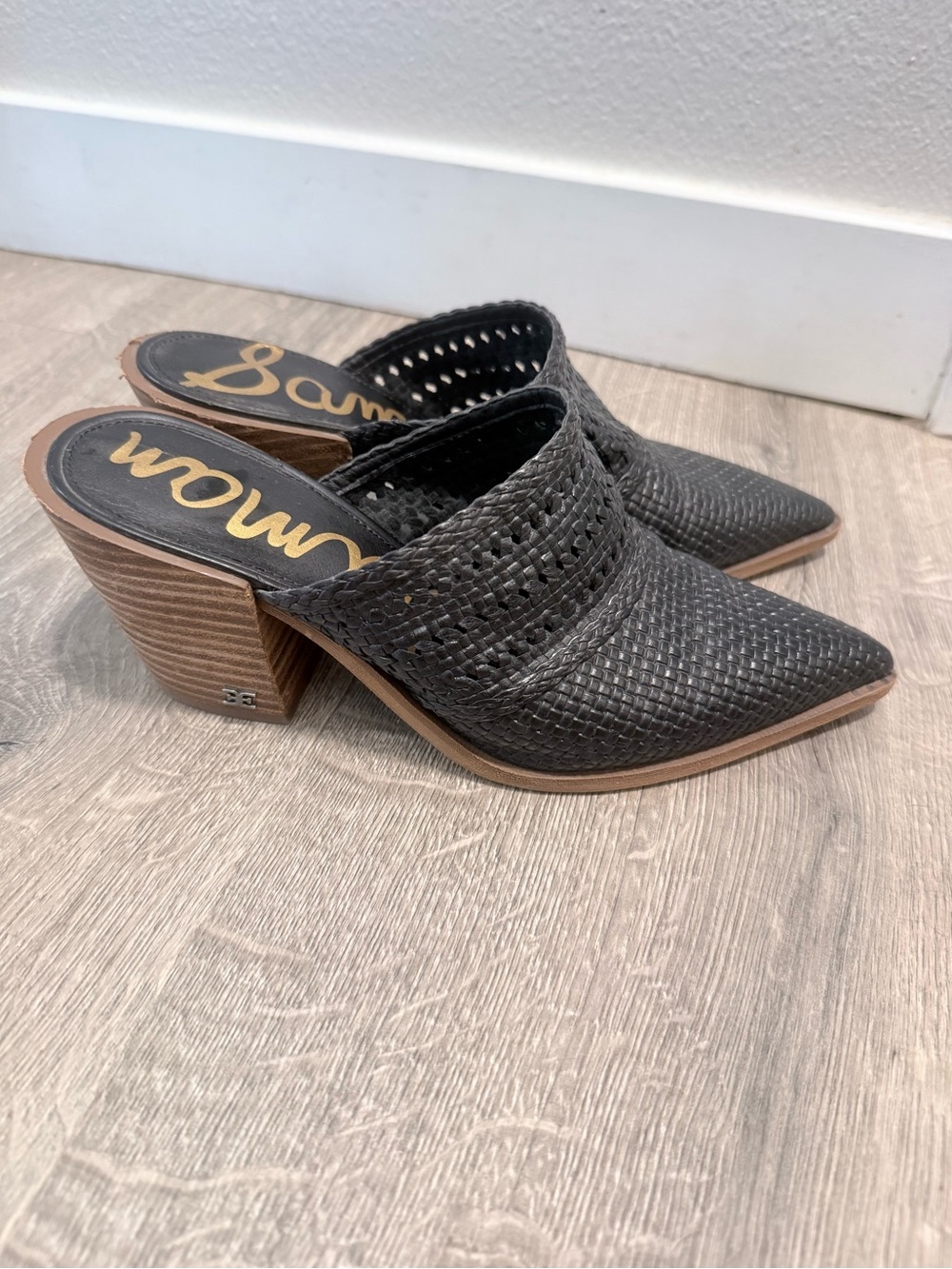 Sam Edelman Black Woven Pointed-Toe Mule Heels with Stacked Heel